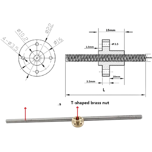 Трапецеидальный винт-гайка TR8x2-600 мм двухзаходный