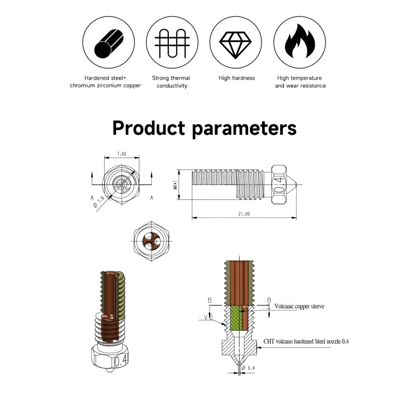 Сопло Kingroon E3D V6 volcano CHT Закаленная сталь с медной вставкой (0.2 мм)